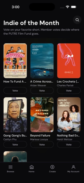 PUTRE's Indie of the Month screen, showing a grid of short films with a Vote button under each one.