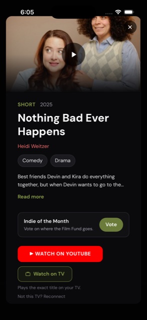 A PUTRE title screen for the short film Nothing Bad Ever Happens by Heidi Weitzer, with genre tags, a synopsis, and an Indie of the Month vote prompt.