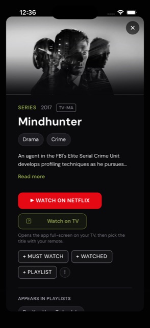 A PUTRE title screen for the Netflix series Mindhunter, showing a Watch on Netflix button, a Watch on TV button, and Must Watch, Watched, and Playlist actions.